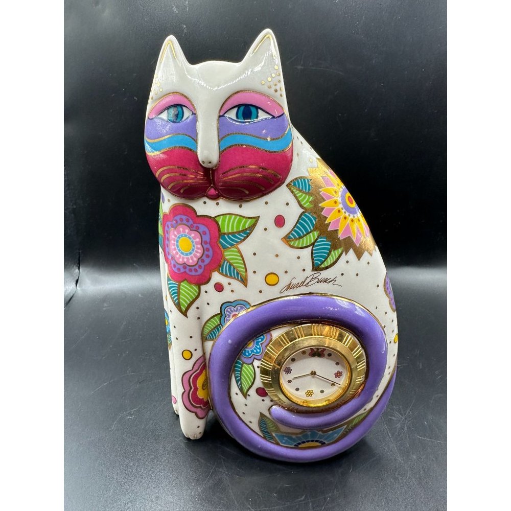 Vintage Laurel Burch Porcelain Flowering Felines Cat Clock Dated 1996 WORKS